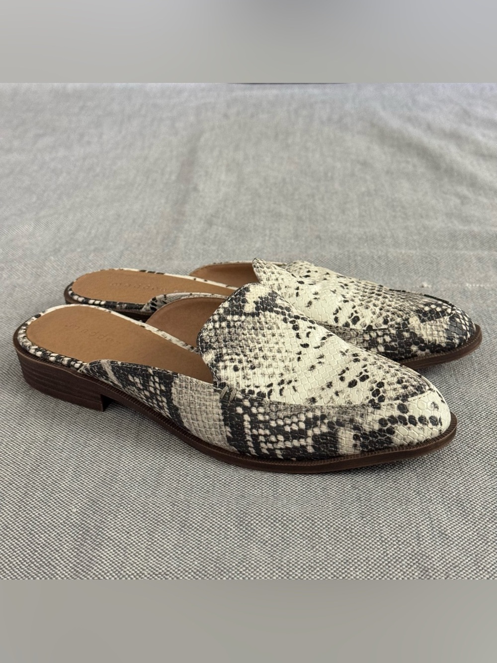 Madden Girl White and Black Snake-Print Slip-On Mules